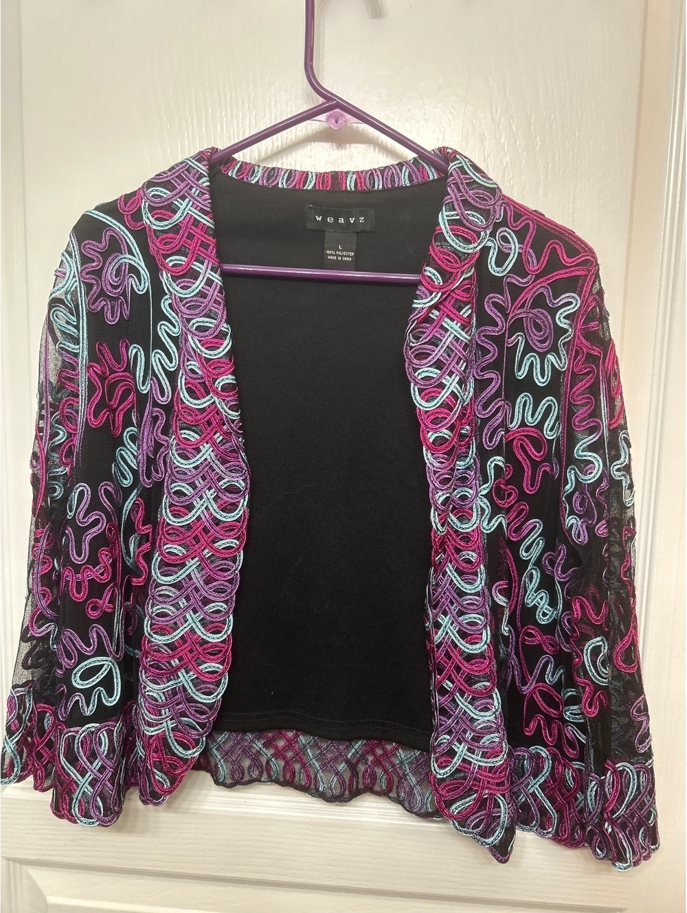 Weavz Black Sheer Jacket with Multicolor Embroidery, Size Large